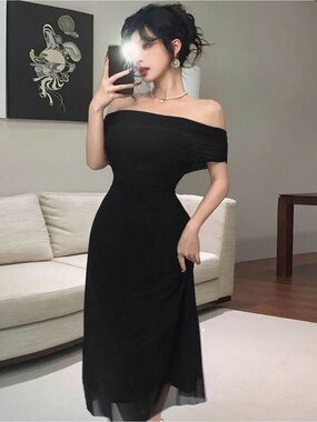 SHEIN Black One-Shoulder Draped Evening Dress